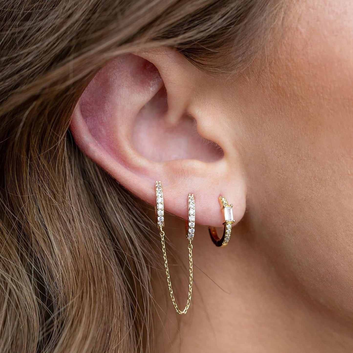 Small Huggie Hoop Earrings for Women, 14K Gold Plated Sterling Silver Post Chain Hoops Hypoallergenic Dangle Drop Earrings