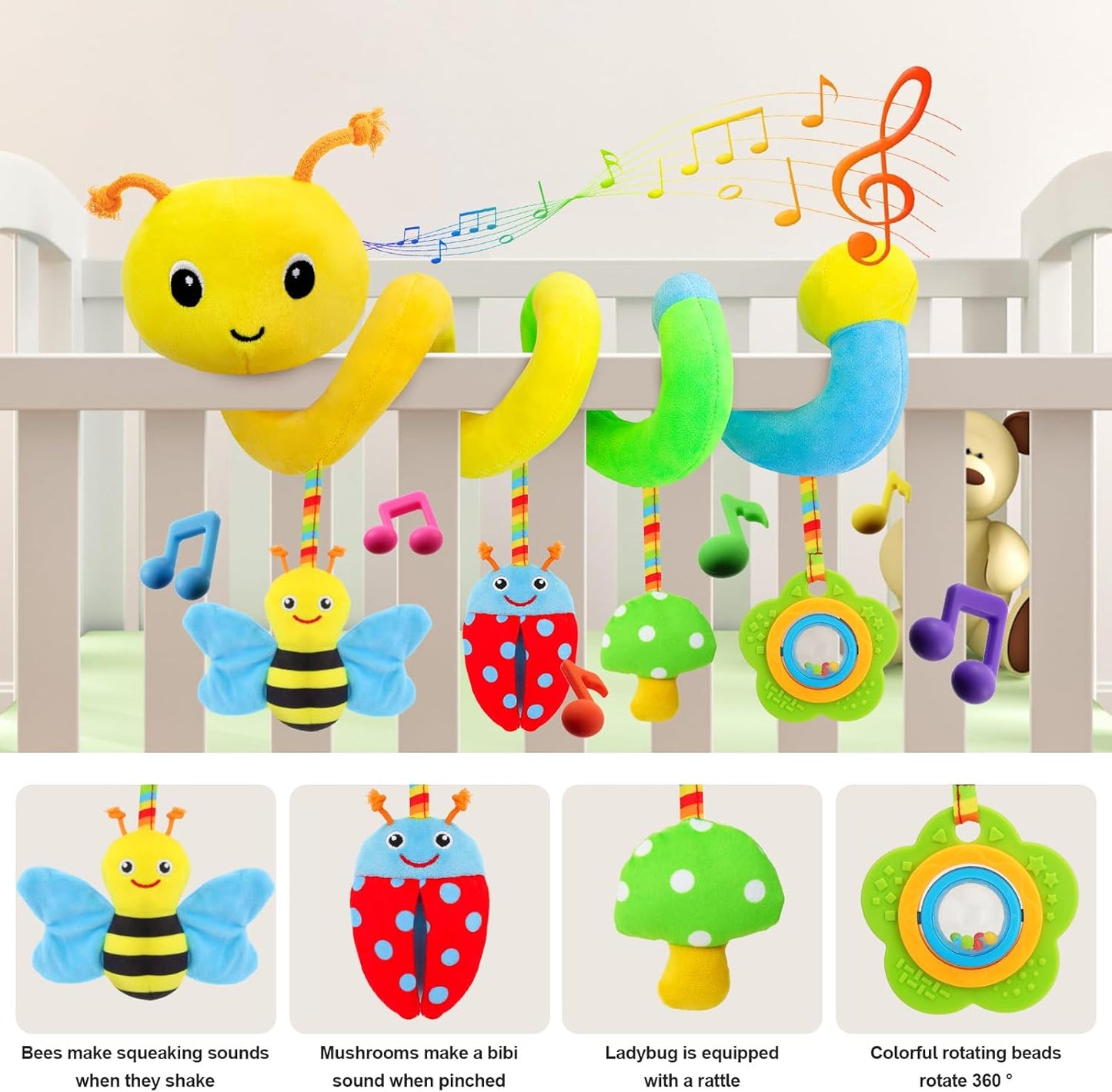 Car Seat Toys for Babies 0-6 Months Upgraded Version Spiral Car Seat & Stroller Activity Toy, Soft Plush Hanging Toys with Rattles, Best Gift for Ages 0 and Up