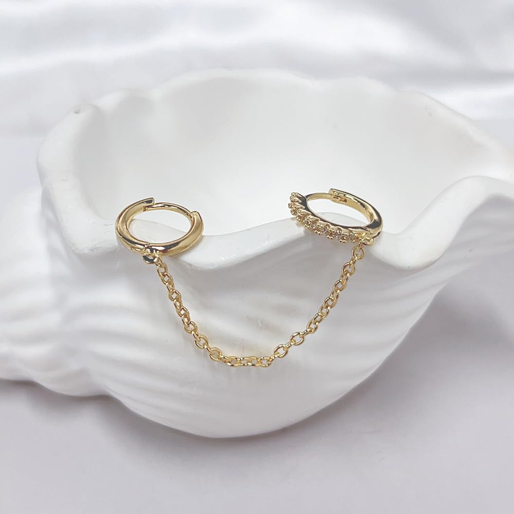 Tassel Chain Hoop Earrings 14K Gold Plated Double Piercing Earring Dainty Small Huggie Hoop Minimalist Cuff Threader Dangle Drop Crystal Climber Crawler Wrap Earrings for Women Jewelry Gift