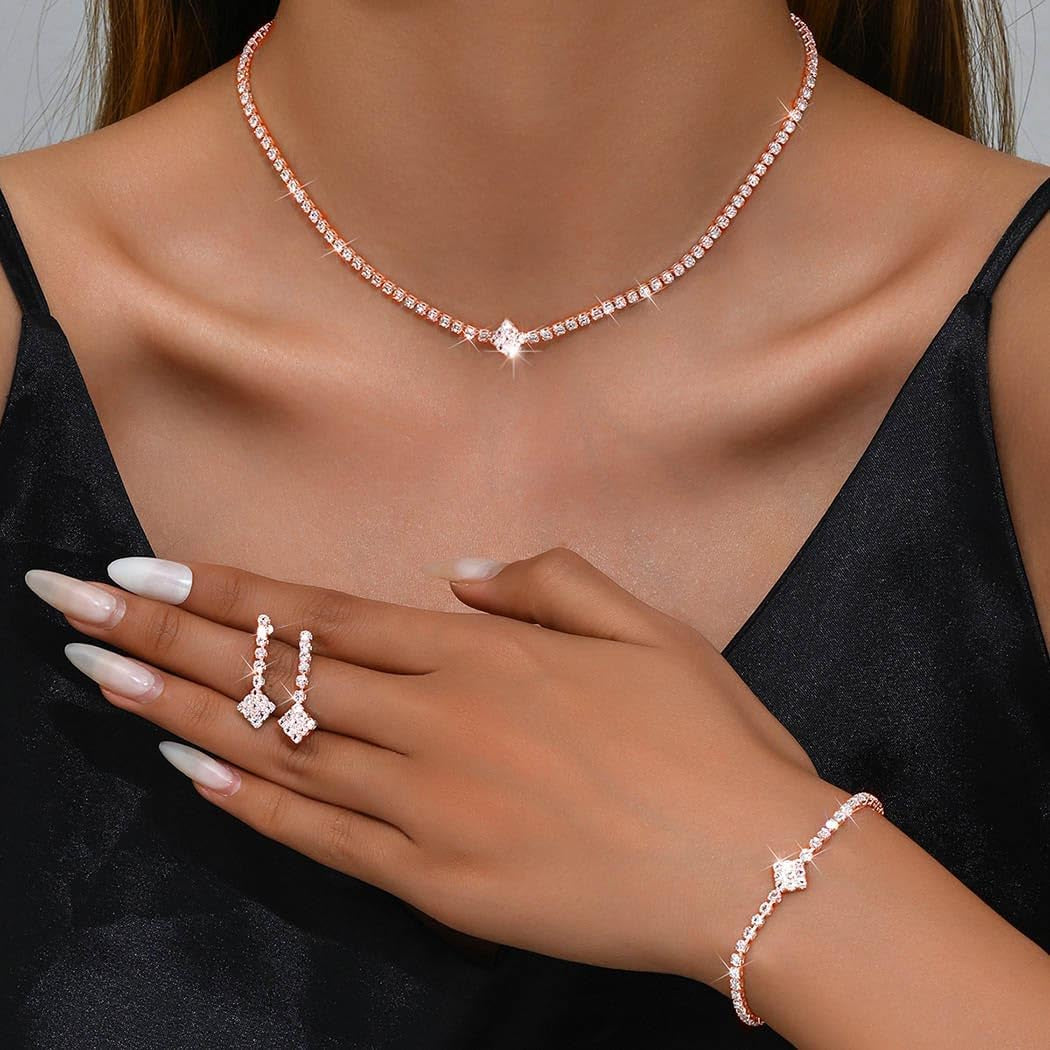 Silver Bridal Wedding Jewelry Set Sparkly Rhinestone Necklace Earrings Bracelet Sets Formal Costume Jewelry for Women and Brides
