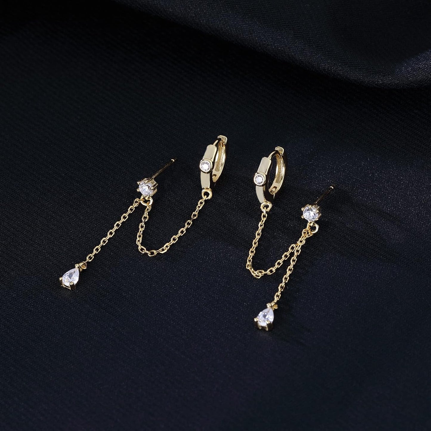 Sterling Silver Double Piercing Earrings - Huggie Hoops with Chain, Droplet Dangle Design for Women