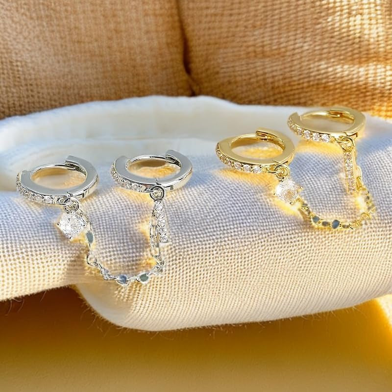 Small Huggie Hoop Earrings for Women Double Piercing Earrings Gold Silver Dangle Chain Cubic Zirconia Stud Ear Cuff Earring Summer Jewelry 