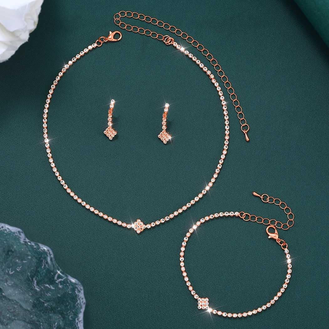 Silver Bridal Wedding Jewelry Set Sparkly Rhinestone Necklace Earrings Bracelet Sets Formal Costume Jewelry for Women and Brides