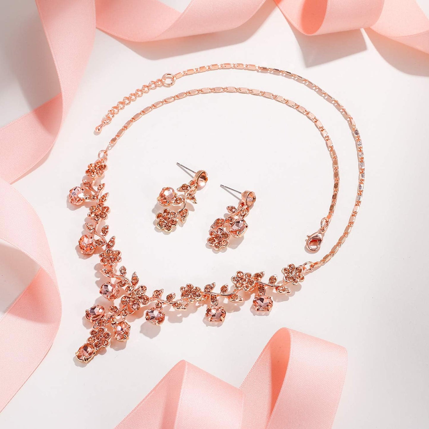 Bridal Jewelry Sets for Wedding Rhinestone Crystal Flower Leaf Costume Pendant Necklace Earrings Set for Women