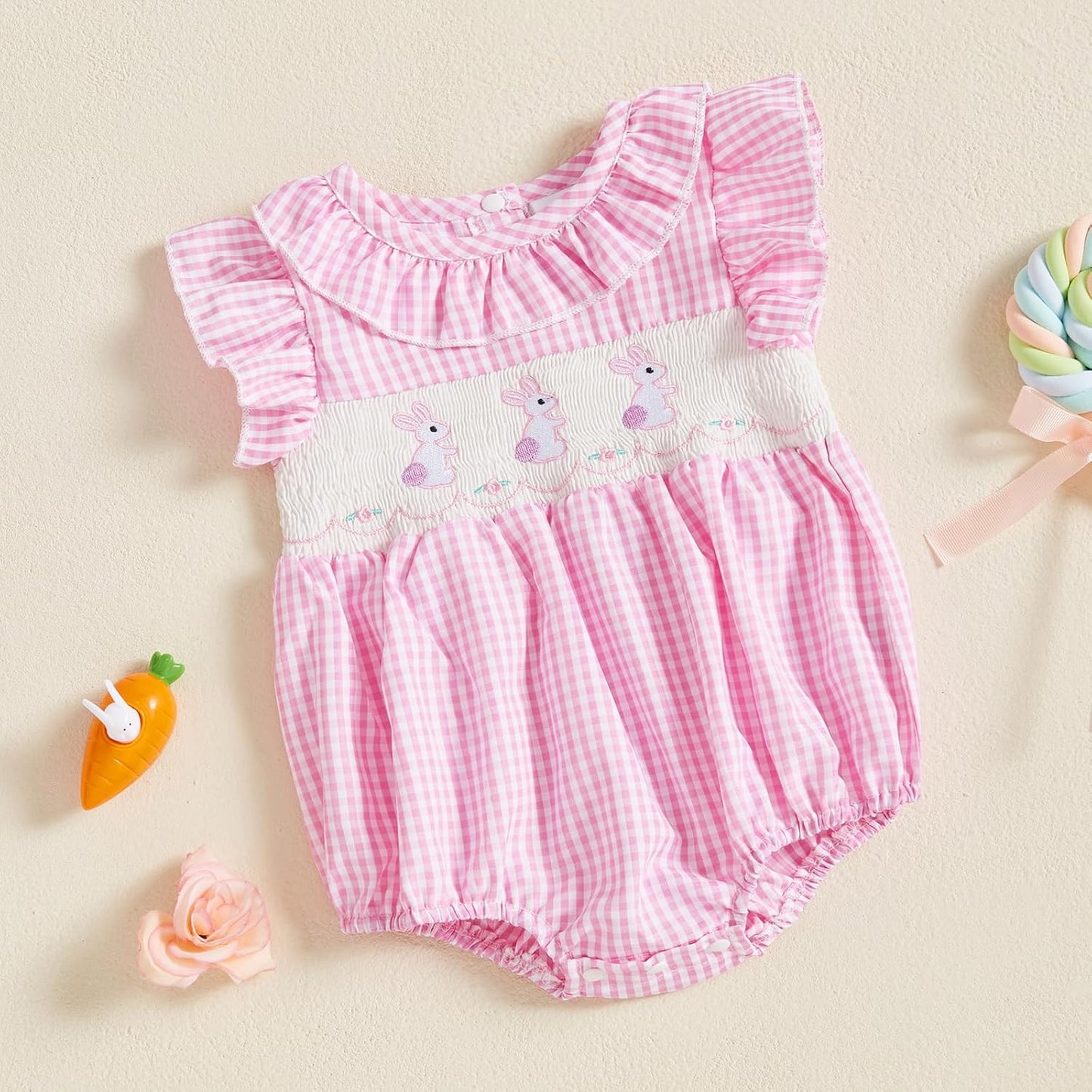 Newborn Baby Girl Smocked Romper Embroidery Peter Pan Collar Ruffle Sleeve Bubble Bodysuit Summer Outfit