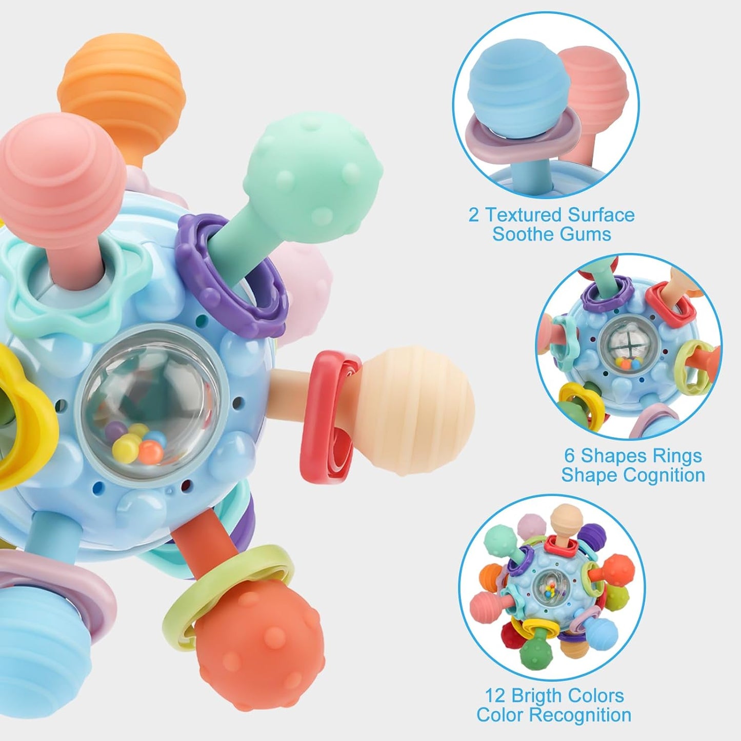 Baby Montessori Sensory Teether Toy for 0-6, 6-12 Months, Blue, Silicone & ABS Plastic, Baby Rattle