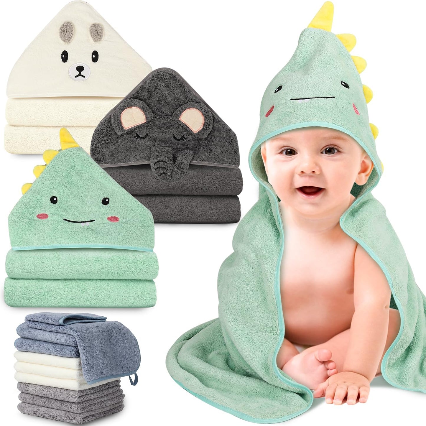 31X31 Inch Baby Hooded Towels, 12Pcs Bath Towels for Boys, Washcloth Set with Cute Design, Shower Towel Gift for Newborns, Infants and Toddlers