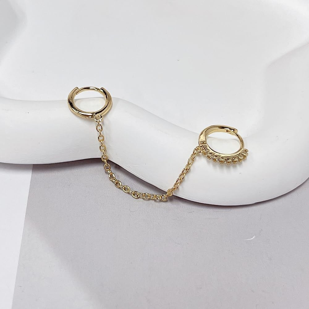 Tassel Chain Hoop Earrings 14K Gold Plated Double Piercing Earring Dainty Small Huggie Hoop Minimalist Cuff Threader Dangle Drop Crystal Climber Crawler Wrap Earrings for Women Jewelry Gift