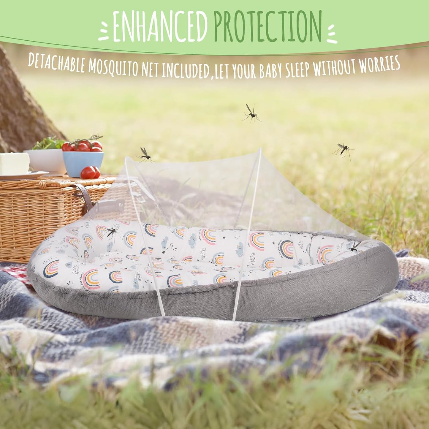 Baby Lounger for Newborn, Detachable Mosquito - Newborn Lounger Cover for 0-24 Months, Breathable & Portable Infant Lounger - Soft Baby Floor Seat Cover for Travel, Newborn Essentials - Grey
