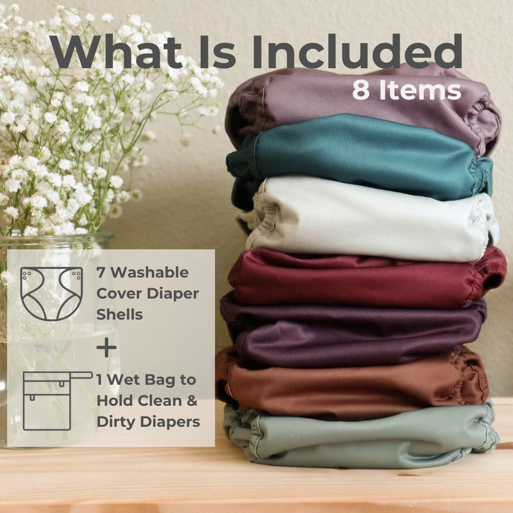 Cloth Diaper Cover, Washable Reusable Diaper Cover with Snap Closure, Flat or Fitted - 7 Pack with Wet Bag - Hickory