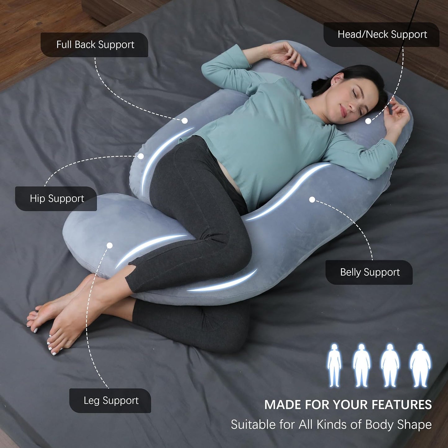 Pregnancy Pillows for Sleeping - U Shaped Full Body Maternity Pillow with Removable Cover - Support for Back, Legs, Belly, HIPS - 57 Inch Pregnancy Pillow for Women - Grey