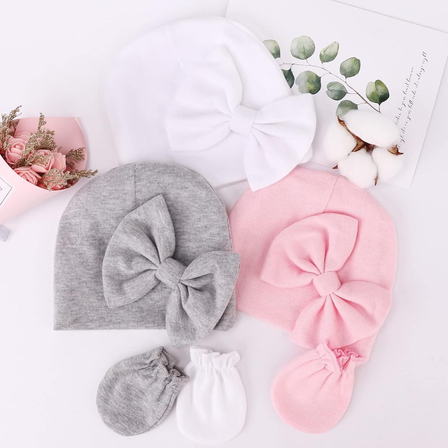 BQUBO Newborn Baby Girls Hats Mittens Set Hospital Hat Beanie Infant Bow Hats Baby Cotton Gloves for 0-6 Months