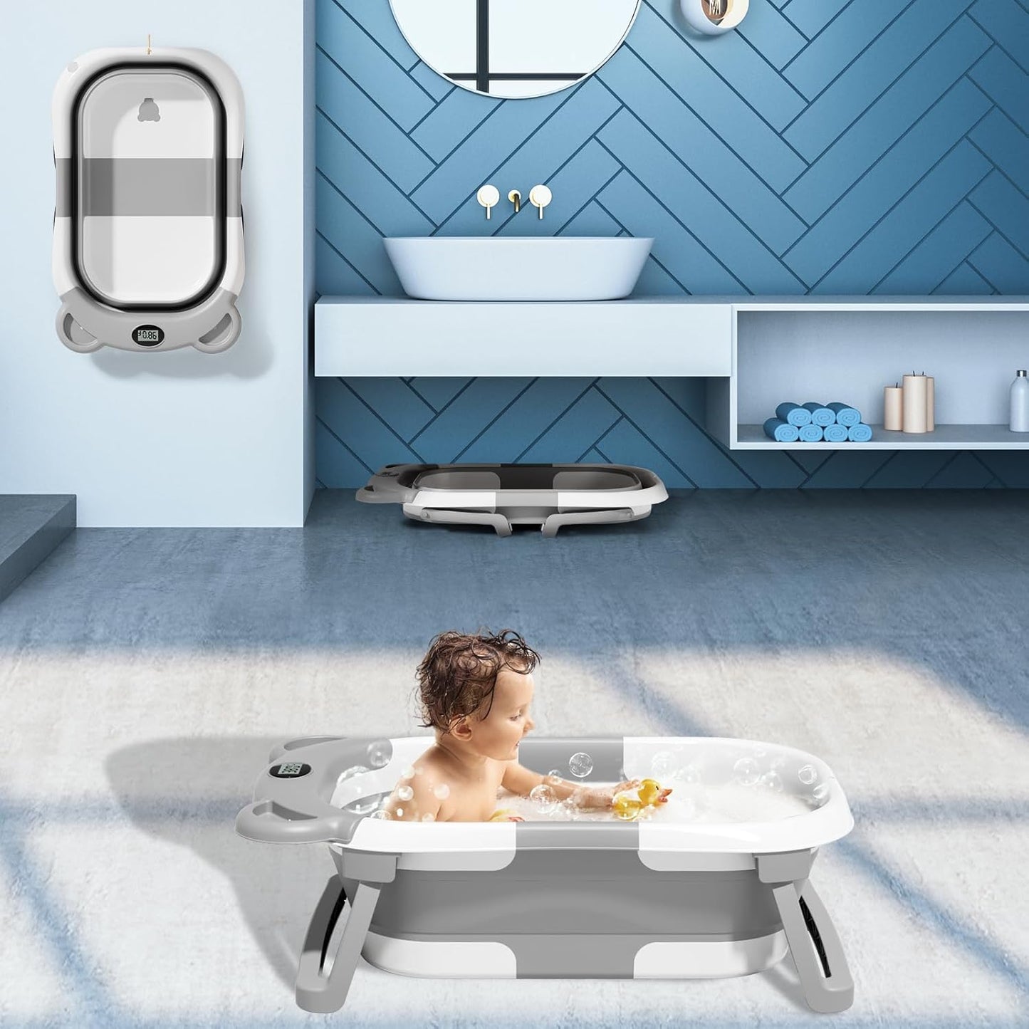 Collapsible Baby Bathtub for Infants to Toddler with Real-Time Temp Monitor+Floating Cushion,Foldable Baby Bath Tub Set Applicable 0-36 Month,Perfect Portable Travel Baby Tub for Newborns Boy