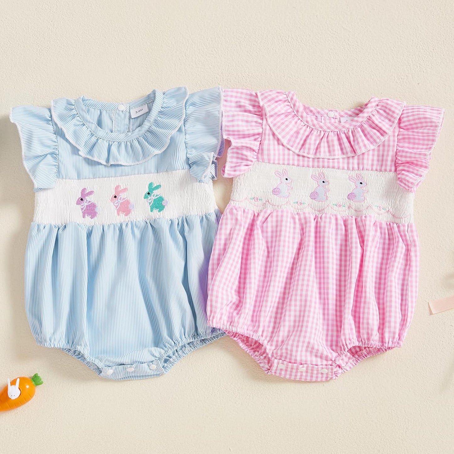 Newborn Baby Girl Smocked Romper Embroidery Peter Pan Collar Ruffle Sleeve Bubble Bodysuit Summer Outfit
