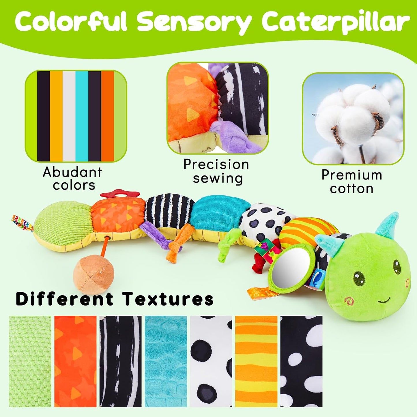 Baby Sensory Toy 0-6 Month Music Animal Stuffed Plush Caterpillar Toy for Infant 0-3-6 Month Tummy Time with Baby Mirror Crinkle Rattle for 6-12 Month Easter Toy for Newborn Boys Girls Birthday Gifts