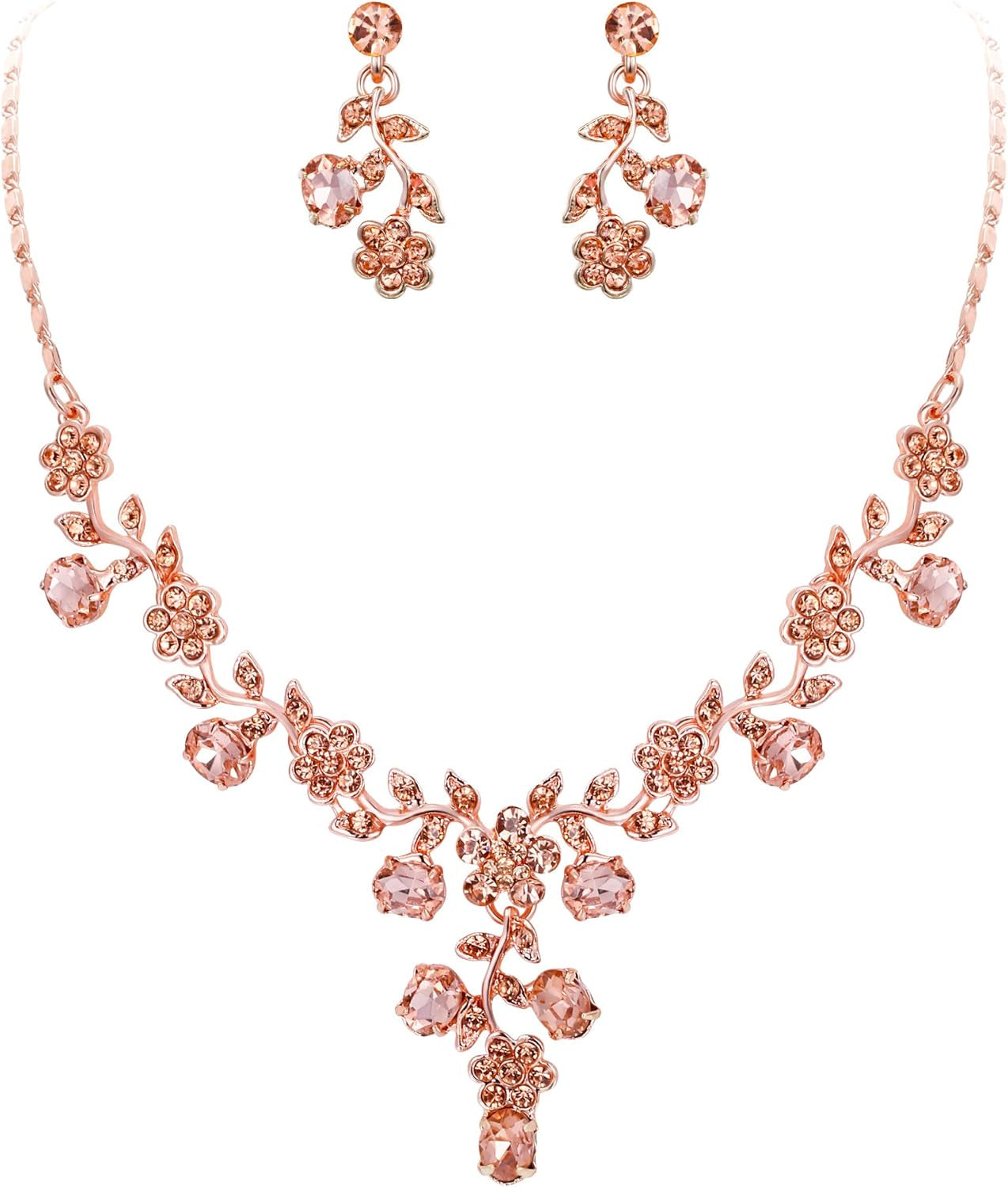 Bridal Jewelry Sets for Wedding Rhinestone Crystal Flower Leaf Costume Pendant Necklace Earrings Set for Women
