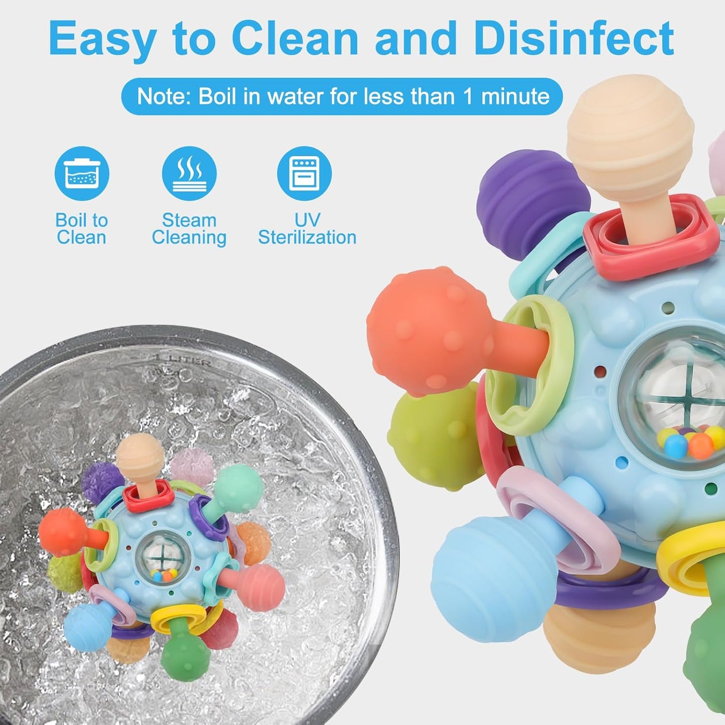 Baby Montessori Sensory Teether Toy for 0-6, 6-12 Months, Blue, Silicone & ABS Plastic, Baby Rattle
