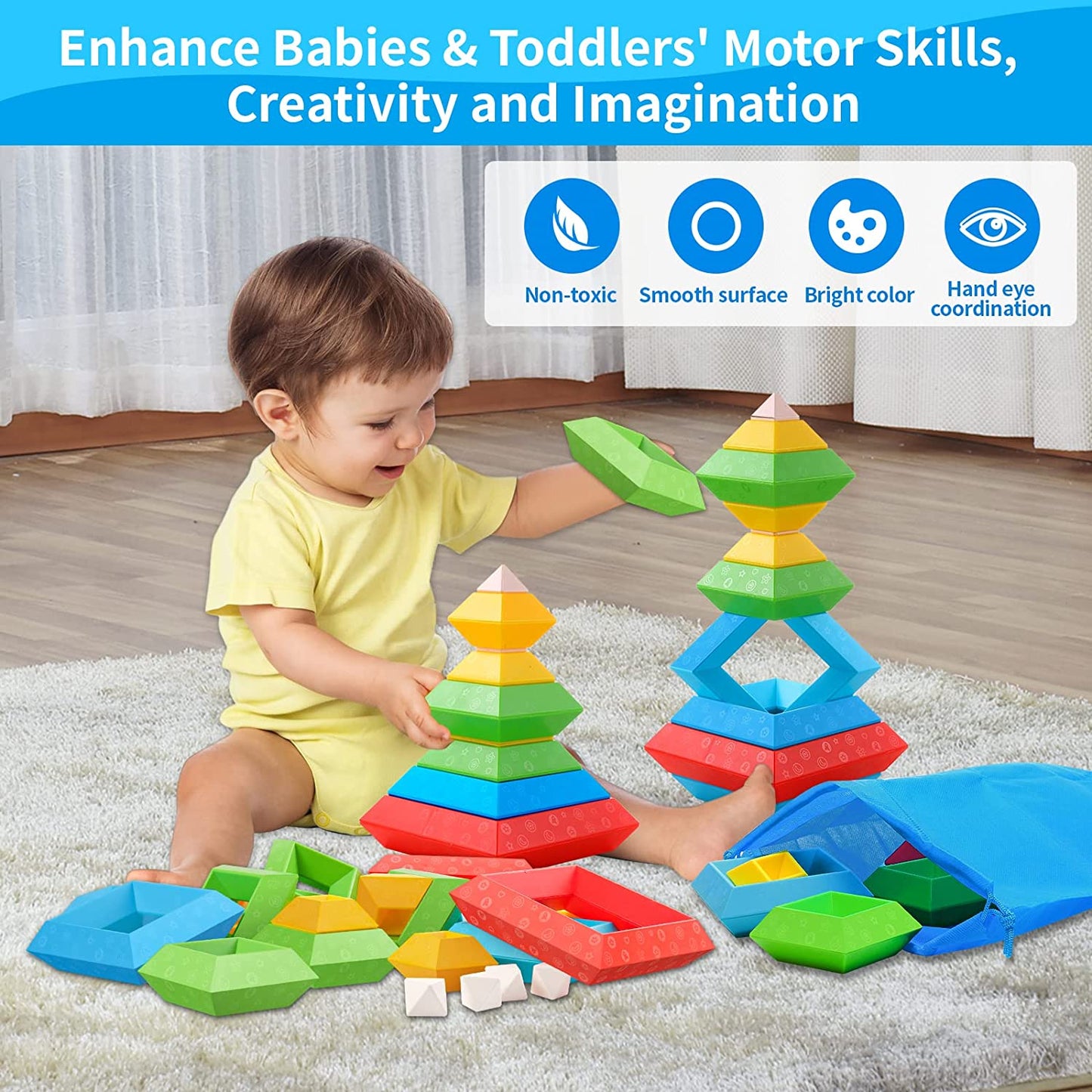 Montessori Toys for 1 2 3 4 5 Year Old Boys Girls Toddlers Preschool Learning Activities 30Pcs Building Blocks Stacking Educational Toys STEM Sensory Toys Gifts for Kids Age 1-2 2-4