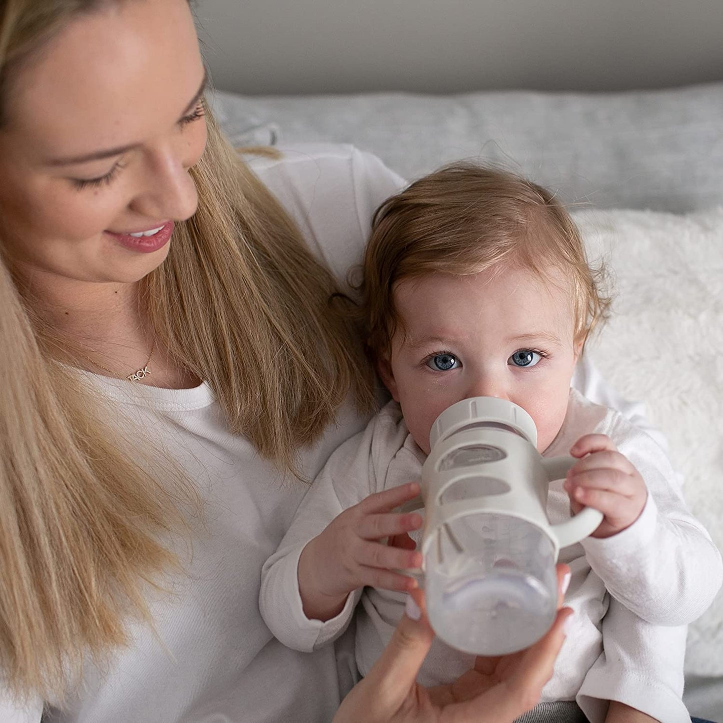 Milestones Wide-Neck Sippy Spout Bottle with 100% Silicone Handles, Easy-Grip Handles with Soft Sippy Spout, 9Oz/270Ml, Green & Gray, 2-Pack, 6M+