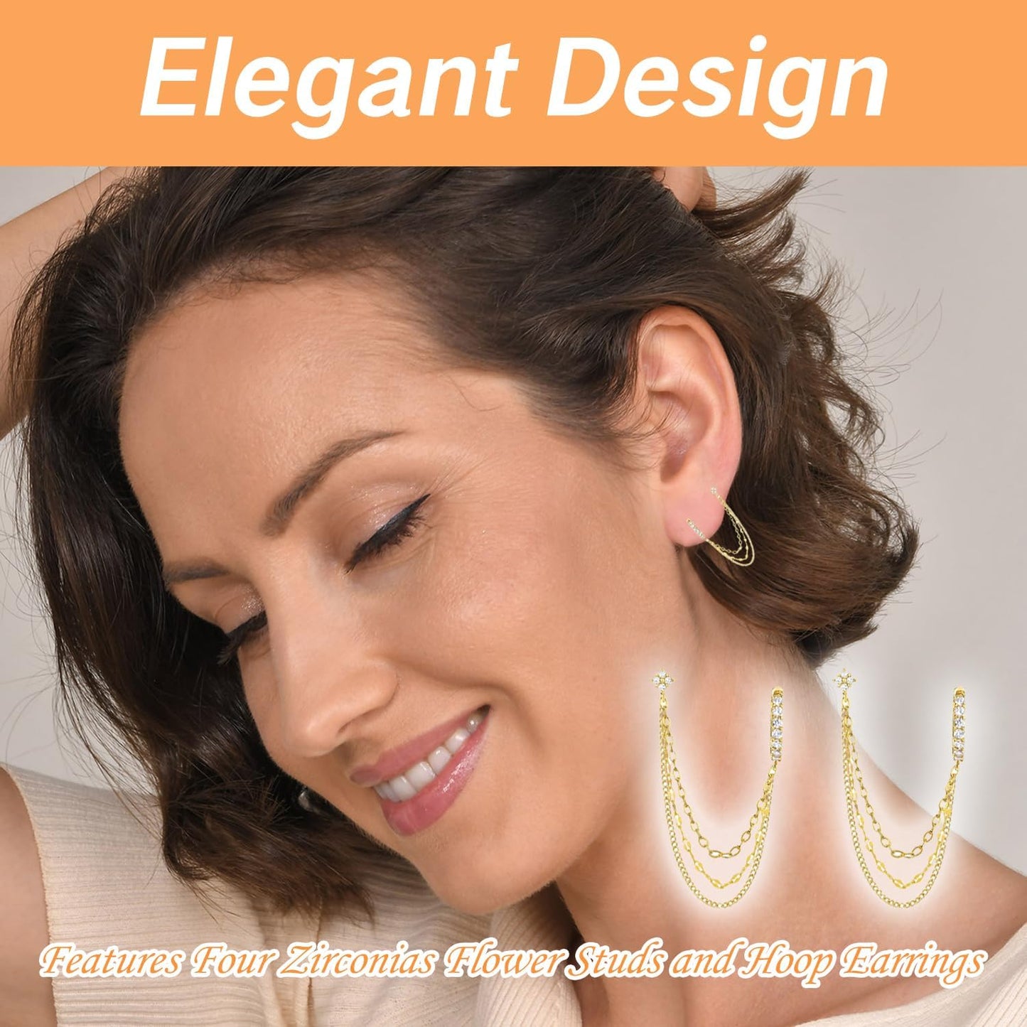Chain Earrings for Double Piercing Gold Dangle Earring Set with 3 Chains Connected Stud for Pierced Ears Hoop Earrings for Women Two Holes Piercings Flower Stud and Chain Jewelry