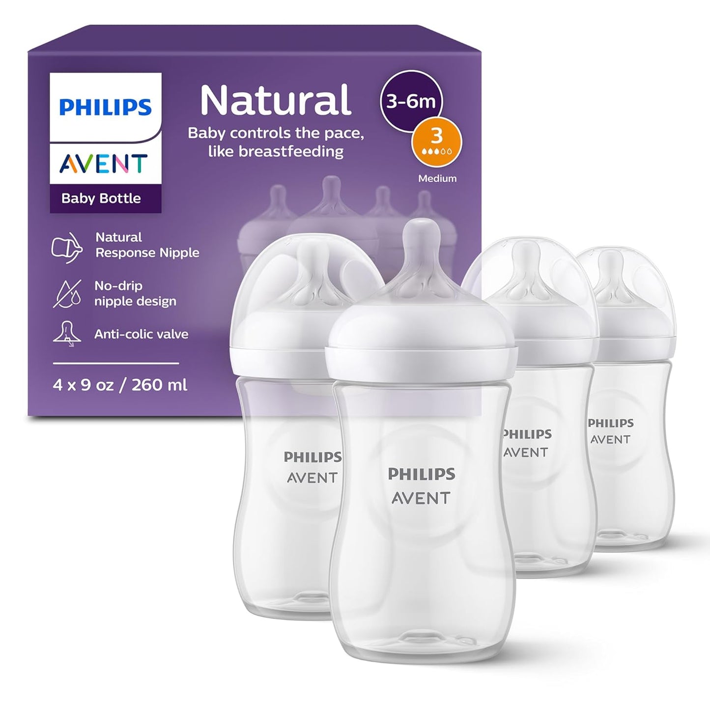 Philips Natural Baby Bottles with Medium Flow Natural Response Nipples, 9 oz, 4-Pack, Model SCY903/04