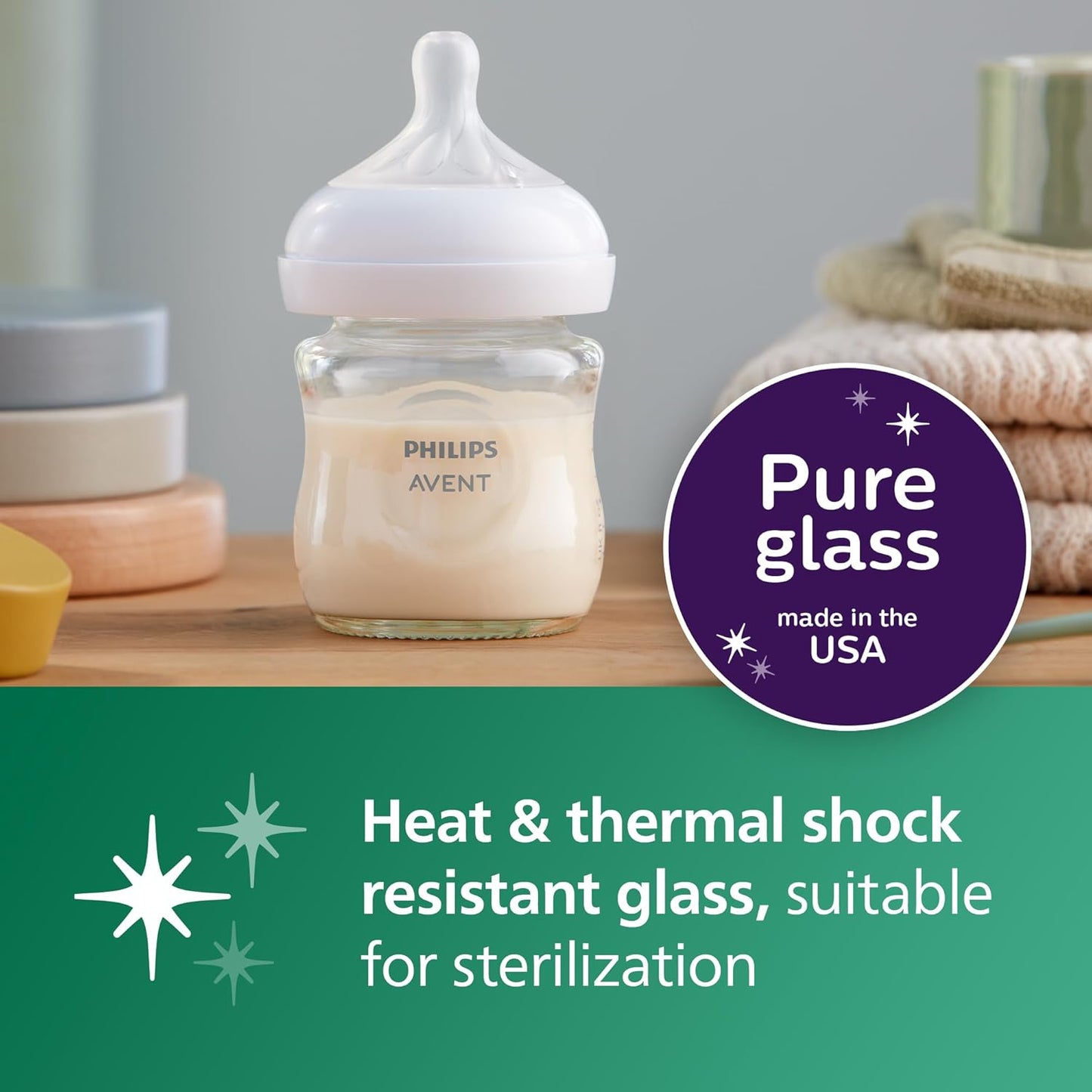 Philips Natural Glass Baby Bottles with Natural Response Nipples (Slow Flow, Flow 2), 4Oz, 4-Pack, SCY910/04