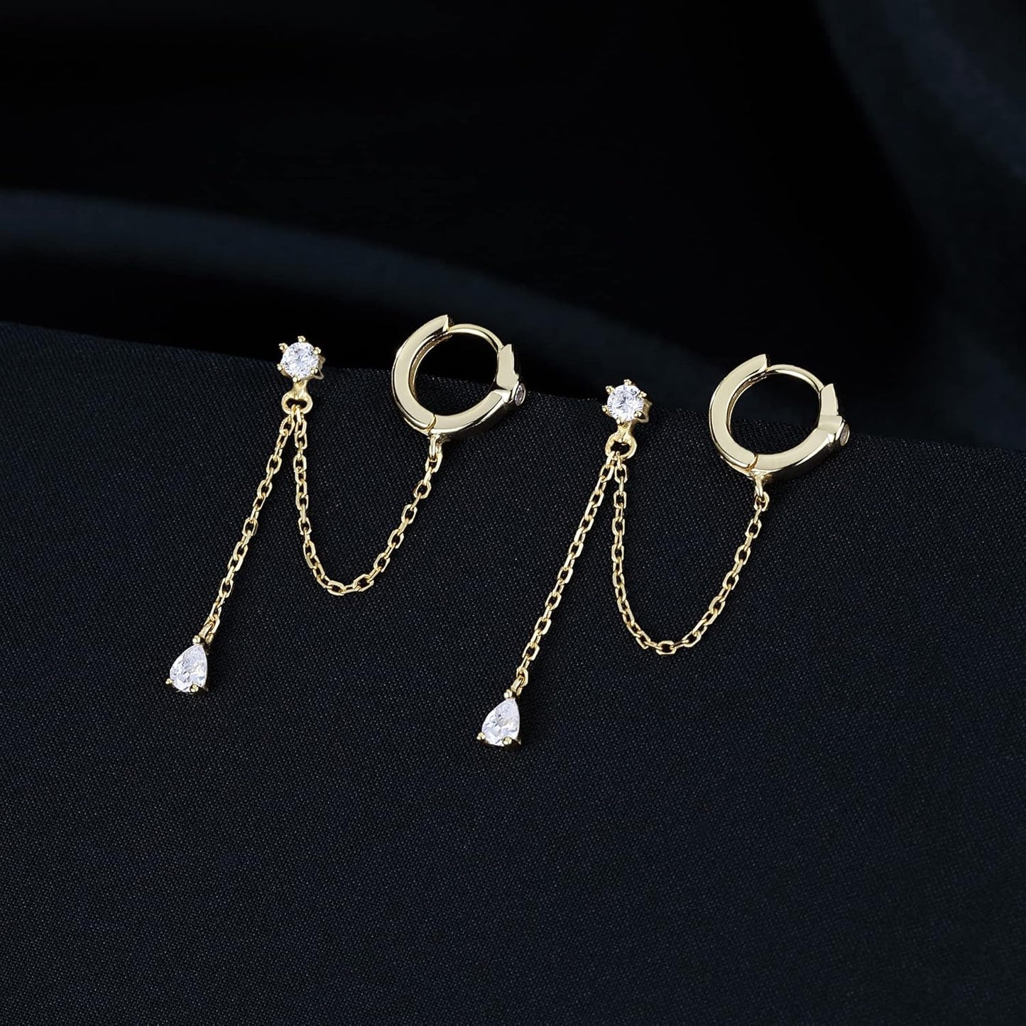 Sterling Silver Double Piercing Earrings - Huggie Hoops with Chain, Droplet Dangle Design for Women