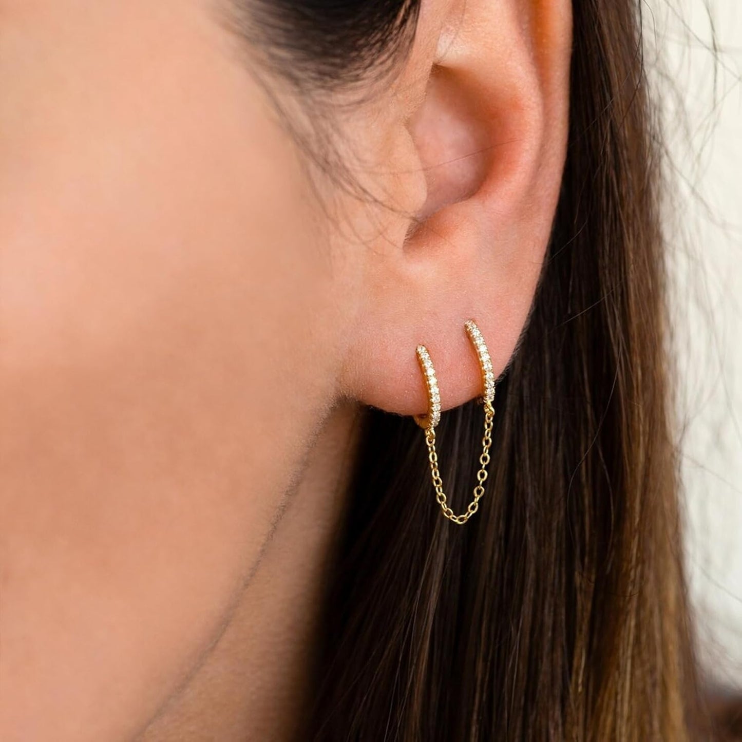 Small Huggie Hoop Earrings for Women, 14K Gold Plated Sterling Silver Post Chain Hoops Hypoallergenic Dangle Drop Earrings