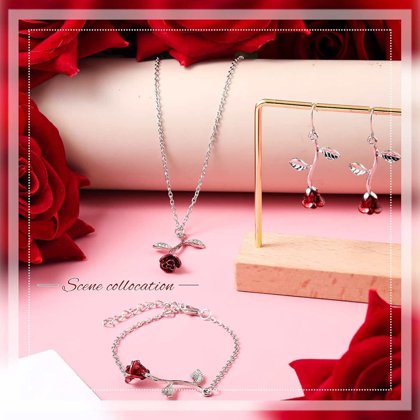 18K Gold Plated Jewelry Set Rose Necklace Bracelet Earrings Red Rose Flower Pendant for Christmas Gift Women