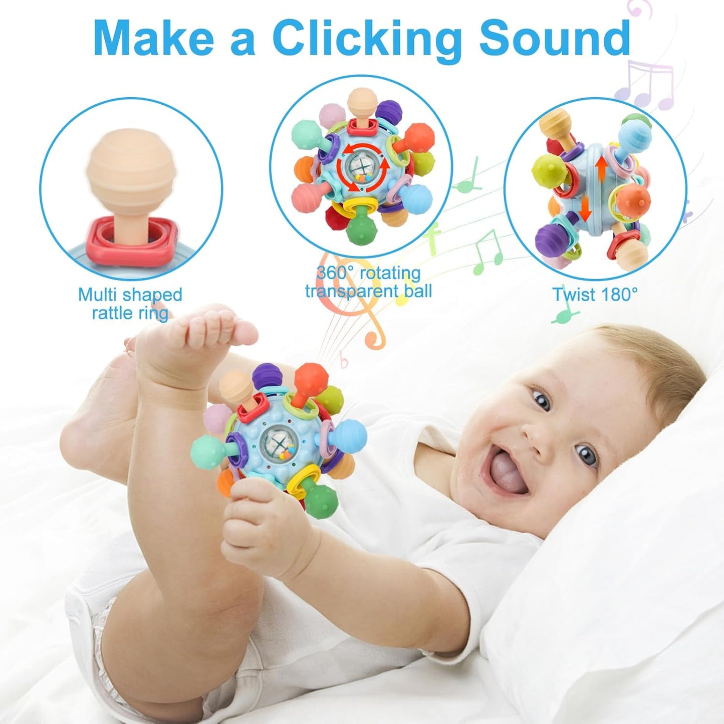 Baby Montessori Sensory Teether Toy for 0-6, 6-12 Months, Blue, Silicone & ABS Plastic, Baby Rattle