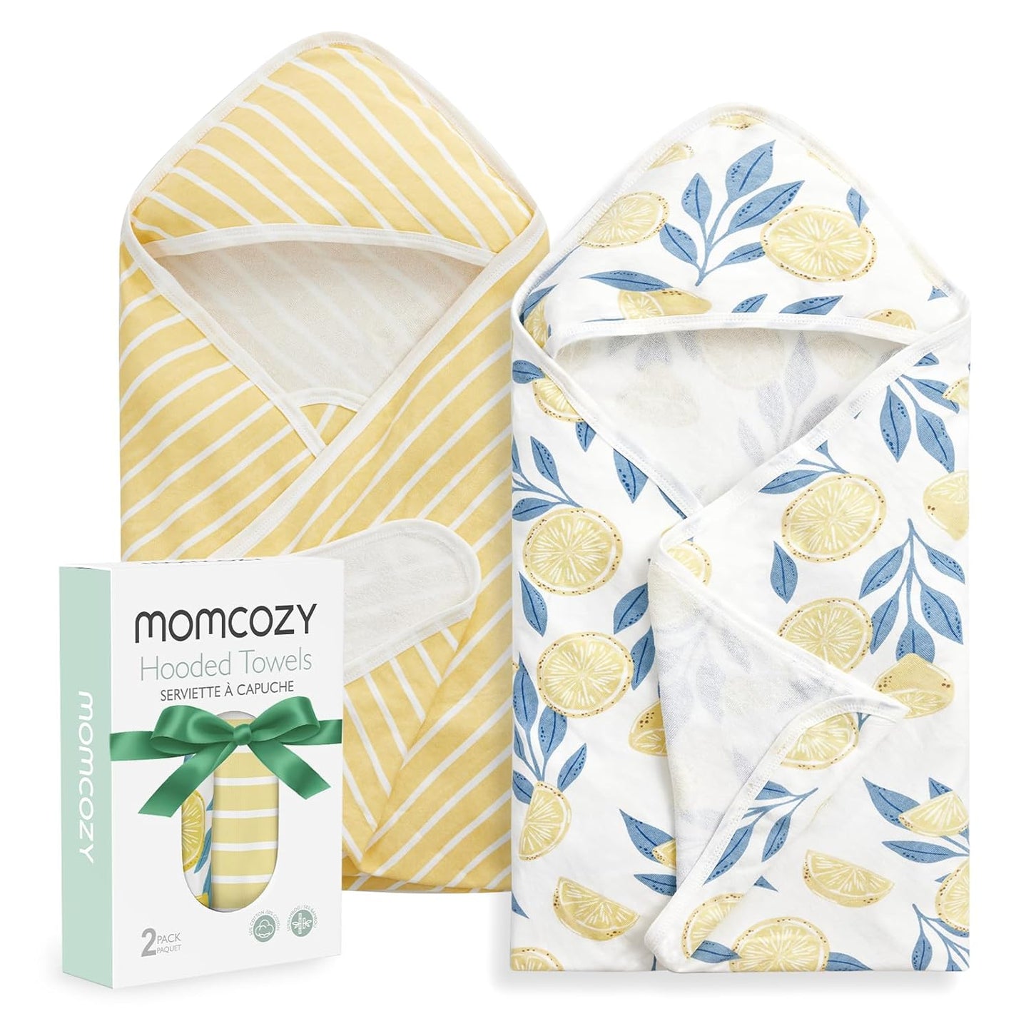 Baby Hooded Towel, 2 Pack Baby Towel Set, Super Soft Bath Towel with Original Design, Shower Gifts for Infant, Toddler (28 X 28 Inch, Lemon Leaves)