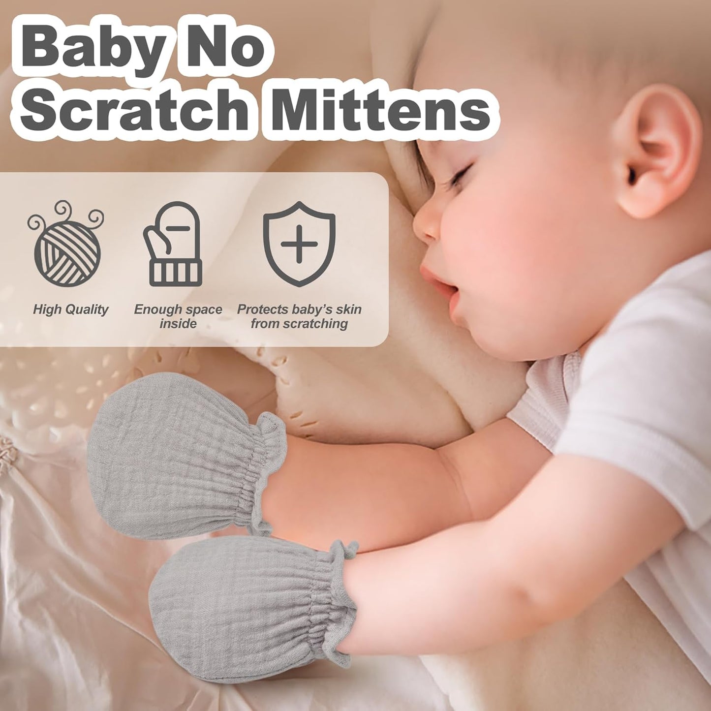 Muslin Baby Mittens for Newborn, 100% Cotton No Scratch Soft Breathable Gloves for Boys and Girls 0-6 Months
