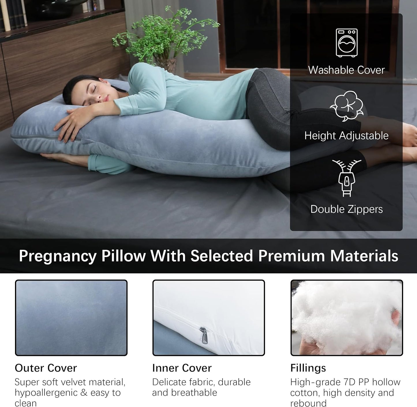 Pregnancy Pillows for Sleeping - U Shaped Full Body Maternity Pillow with Removable Cover - Support for Back, Legs, Belly, HIPS - 57 Inch Pregnancy Pillow for Women - Grey