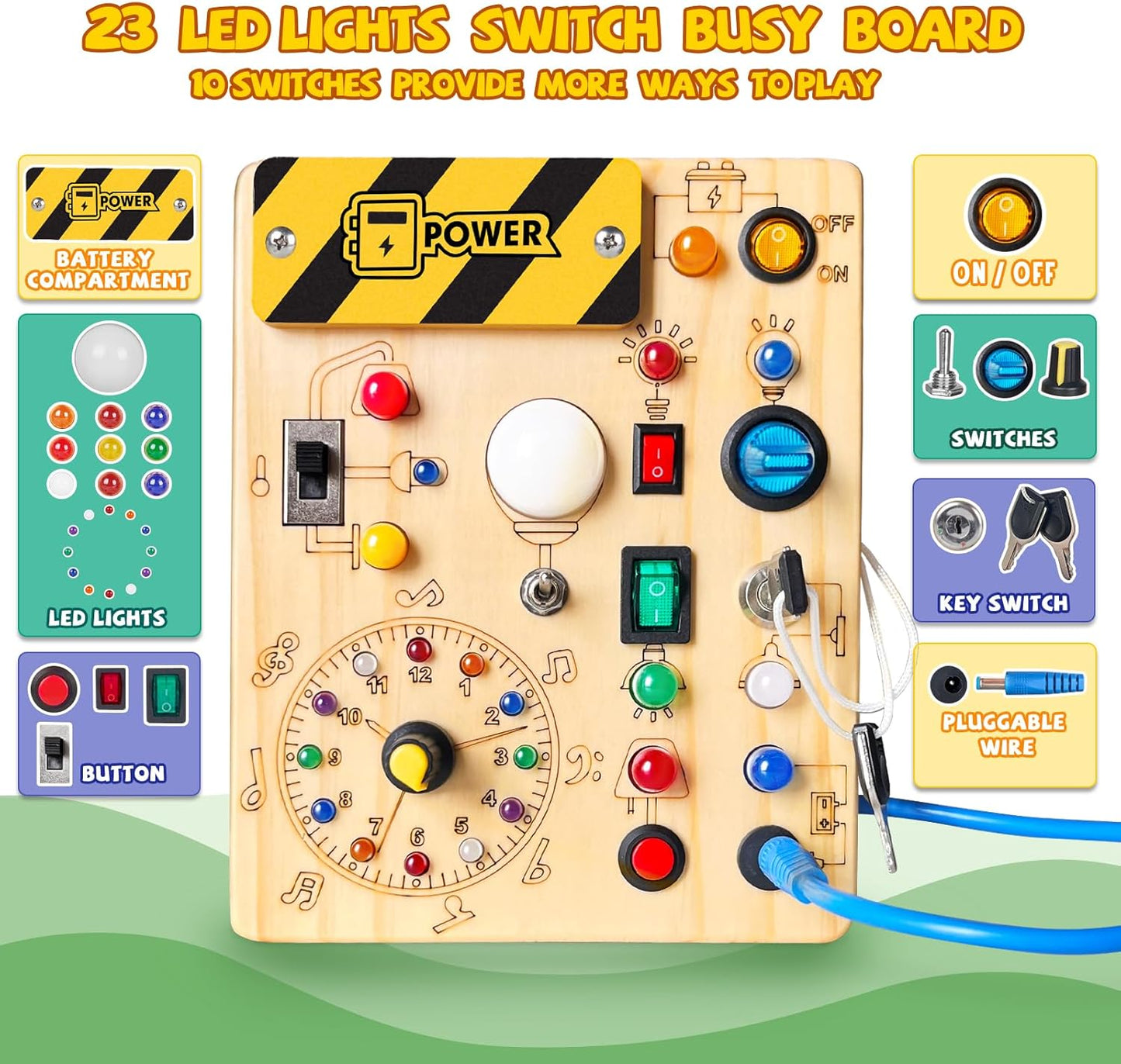 Busy Board,Montessori Toys for 1-3 Years Old, Wooden Toddler Toys, Sensory Travel Toys, Ideal Gift for 1+ Year Old Boys (Busy Board plus V2), Medium, Yellow