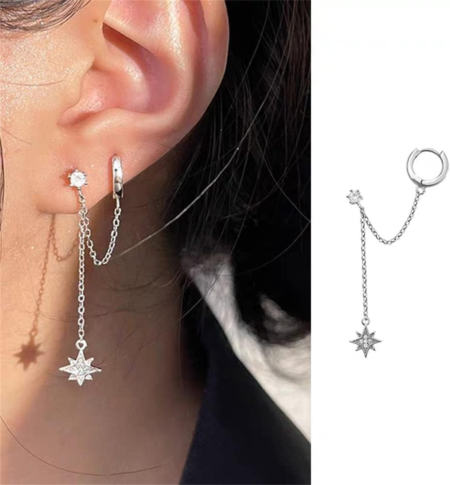 Star 925 Sterling Silver Double Piercing Earrings Huggie Cuff Chain for Women Teen Girls 2 Holes CZ Charm Dangle Drop Small Hoop Earrings Cartilage Climber Jewelry