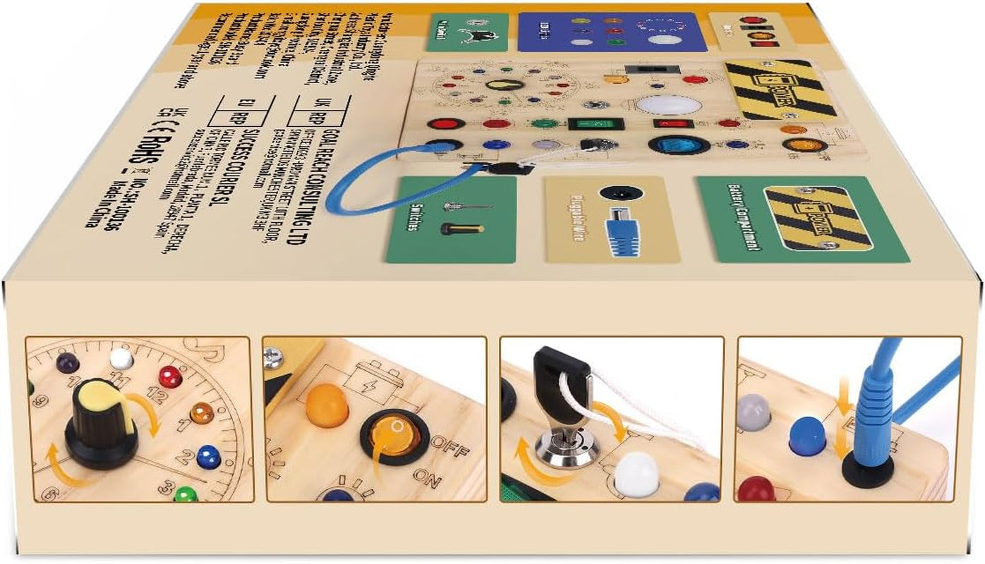 Busy Board,Montessori Toys for 1-3 Years Old, Wooden Toddler Toys, Sensory Travel Toys, Ideal Gift for 1+ Year Old Boys (Busy Board plus V2), Medium, Yellow