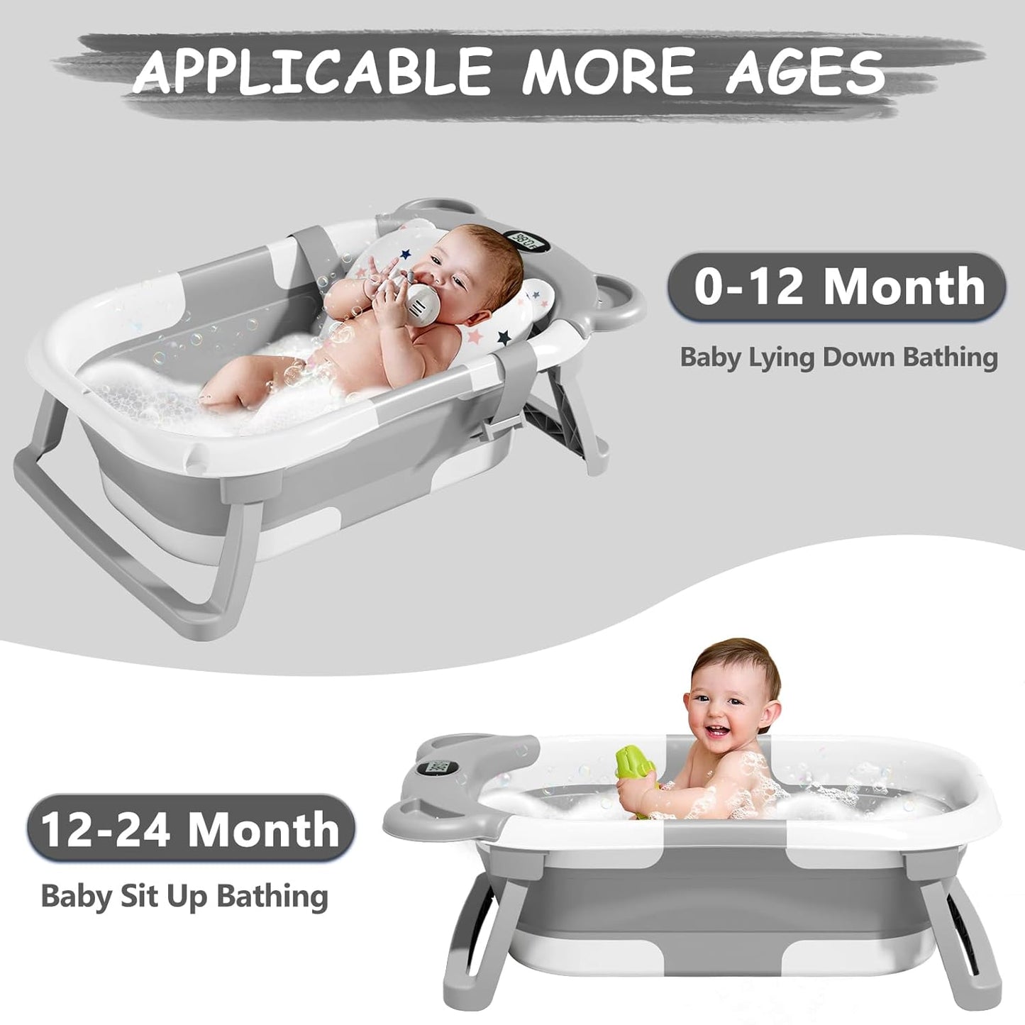 Collapsible Baby Bathtub for Infants to Toddler with Real-Time Temp Monitor+Floating Cushion,Foldable Baby Bath Tub Set Applicable 0-36 Month,Perfect Portable Travel Baby Tub for Newborns Boy