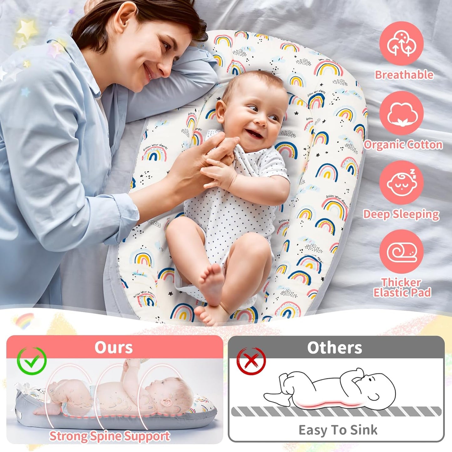 Baby Lounger- Baby Nest for 0-24 Months, Ultra Soft Organic Cotton Breathable & Portable Baby Lounger, Baby Lounger Pillow for Newborn (Rainbow)