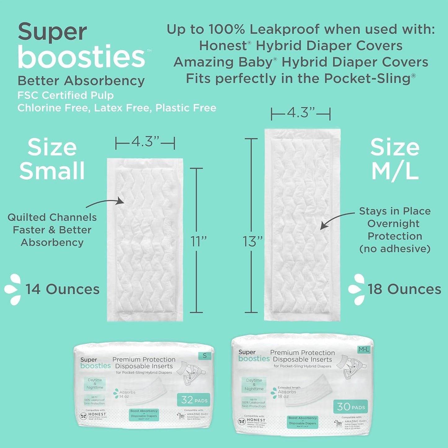 Hybrid Cloth Diaper Covers with Pocket-Sling, Large (22-40 Lbs), Stops Nighttime Leaks, Use with Boosties Disposable Diaper Pad or Reusable Insert, 3 Pack of Cotton Muslin Covers