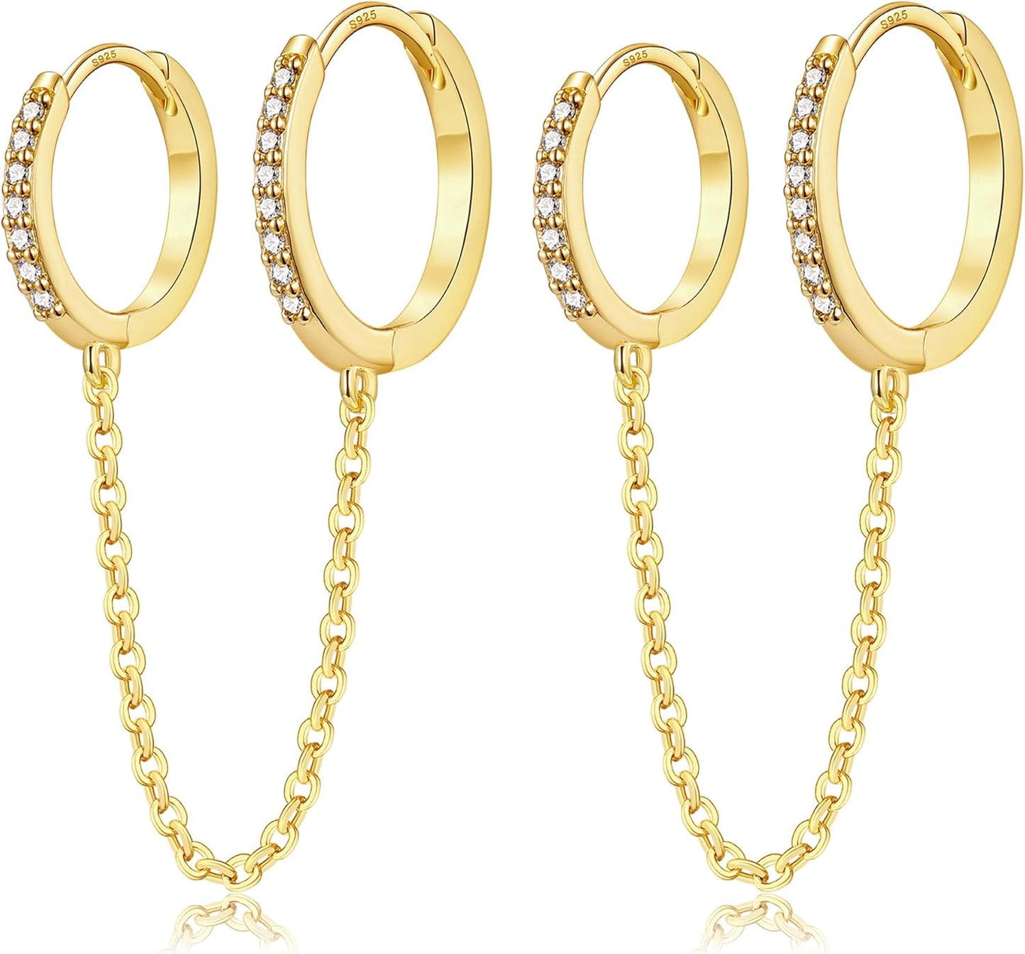 Small Huggie Hoop Earrings for Women, 14K Gold Plated Sterling Silver Post Chain Hoops Hypoallergenic Dangle Drop Earrings