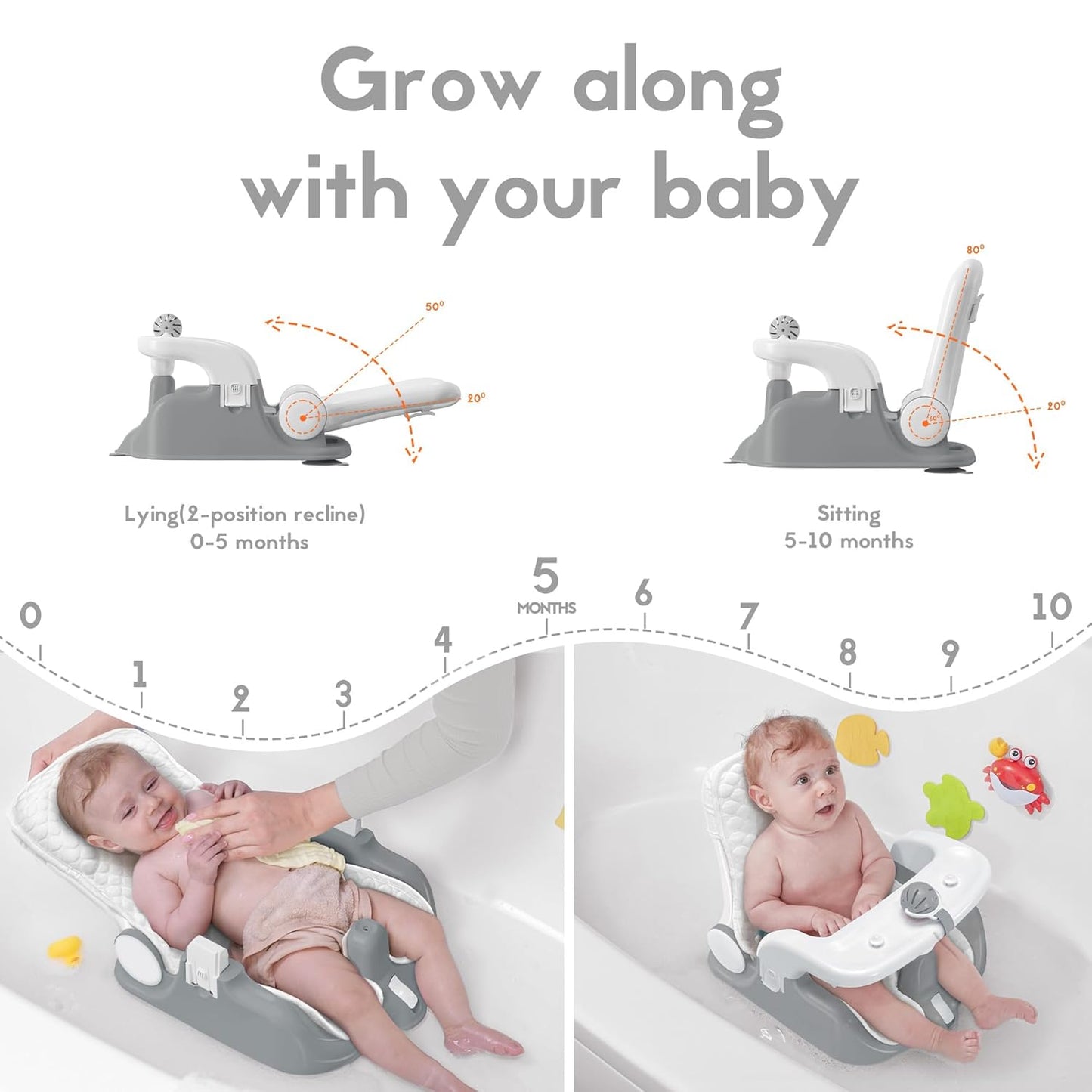 Baby Bath Seat with Sitting & Lying 2 Modes, 3-Speed Adjustment, Powerful Suction Cups, Infant Bathtub Chair with Soft and Comfortable Towel, Folding and Hanging
