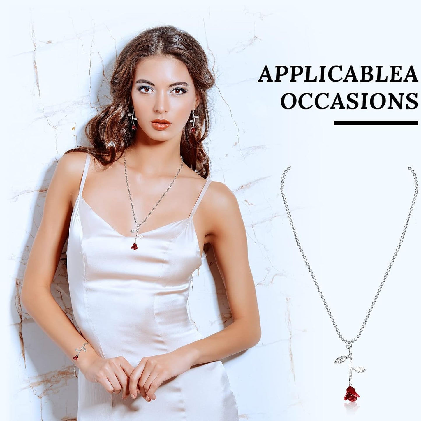 18K Gold Plated Jewelry Set Rose Necklace Bracelet Earrings Red Rose Flower Pendant for Christmas Gift Women