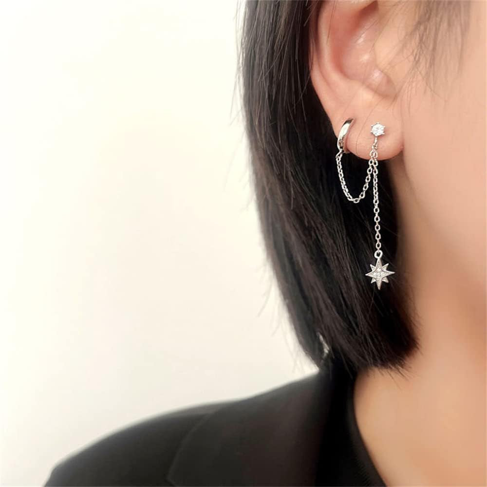 Star 925 Sterling Silver Double Piercing Earrings Huggie Cuff Chain for Women Teen Girls 2 Holes CZ Charm Dangle Drop Small Hoop Earrings Cartilage Climber Jewelry