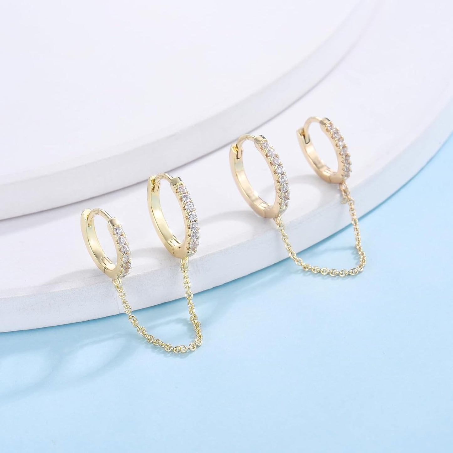 Small Huggie Hoop Earrings for Women, 14K Gold Plated Sterling Silver Post Chain Hoops Hypoallergenic Dangle Drop Earrings