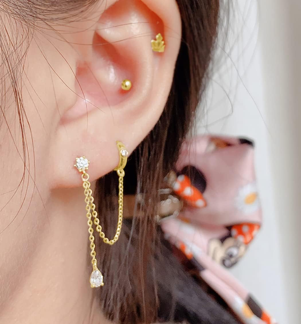 Sterling Silver Double Piercing Earrings - Huggie Hoops with Chain, Droplet Dangle Design for Women