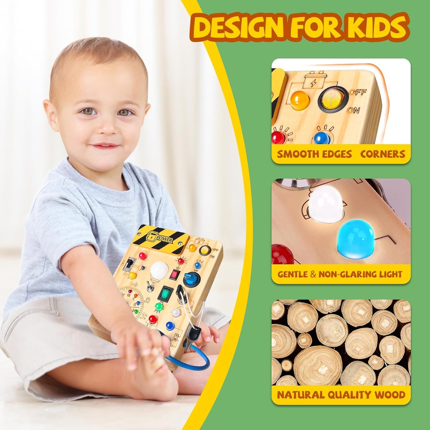 Busy Board,Montessori Toys for 1-3 Years Old, Wooden Toddler Toys, Sensory Travel Toys, Ideal Gift for 1+ Year Old Boys (Busy Board plus V2), Medium, Yellow