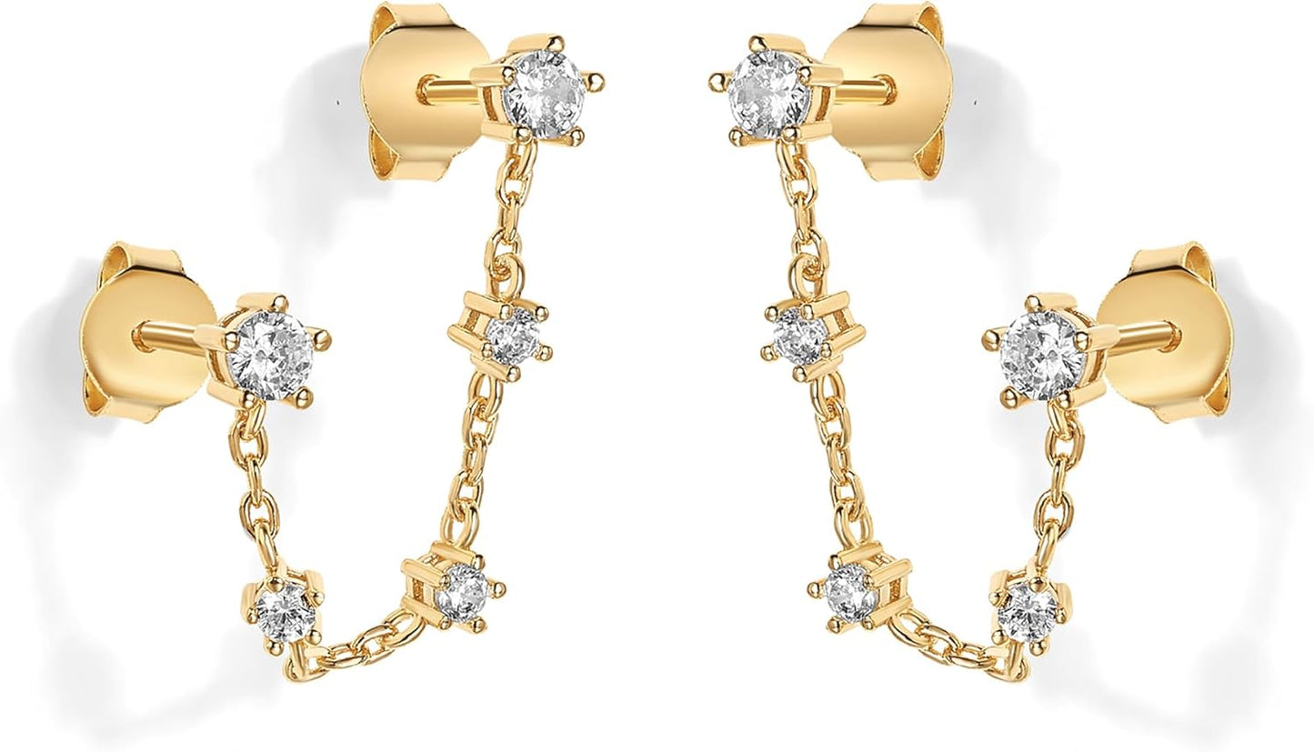 14K Gold Plated Delicate CZ Chain Earrings for Women - Double Piercing Dangle Chain Studs - Cubic Zirconia Earscapes