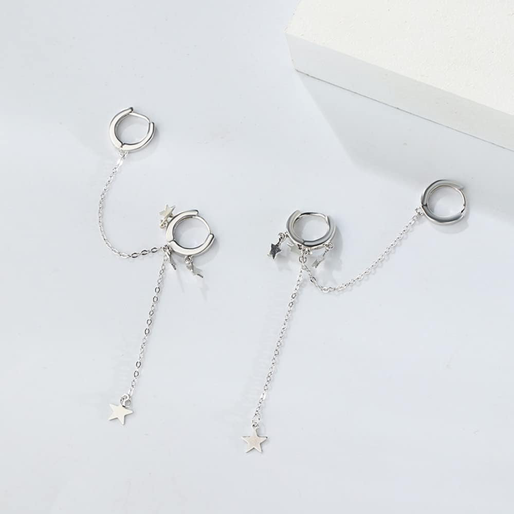 Star Double Piercing Ear Cuff 925 Sterling Silver Earrings CZ Dainty Dangle Drop Tassel Huggie Small Cartilage Hoop Chain Threader Crawler Climber Earrings for Women Teen Girls Sensitive Ear Two