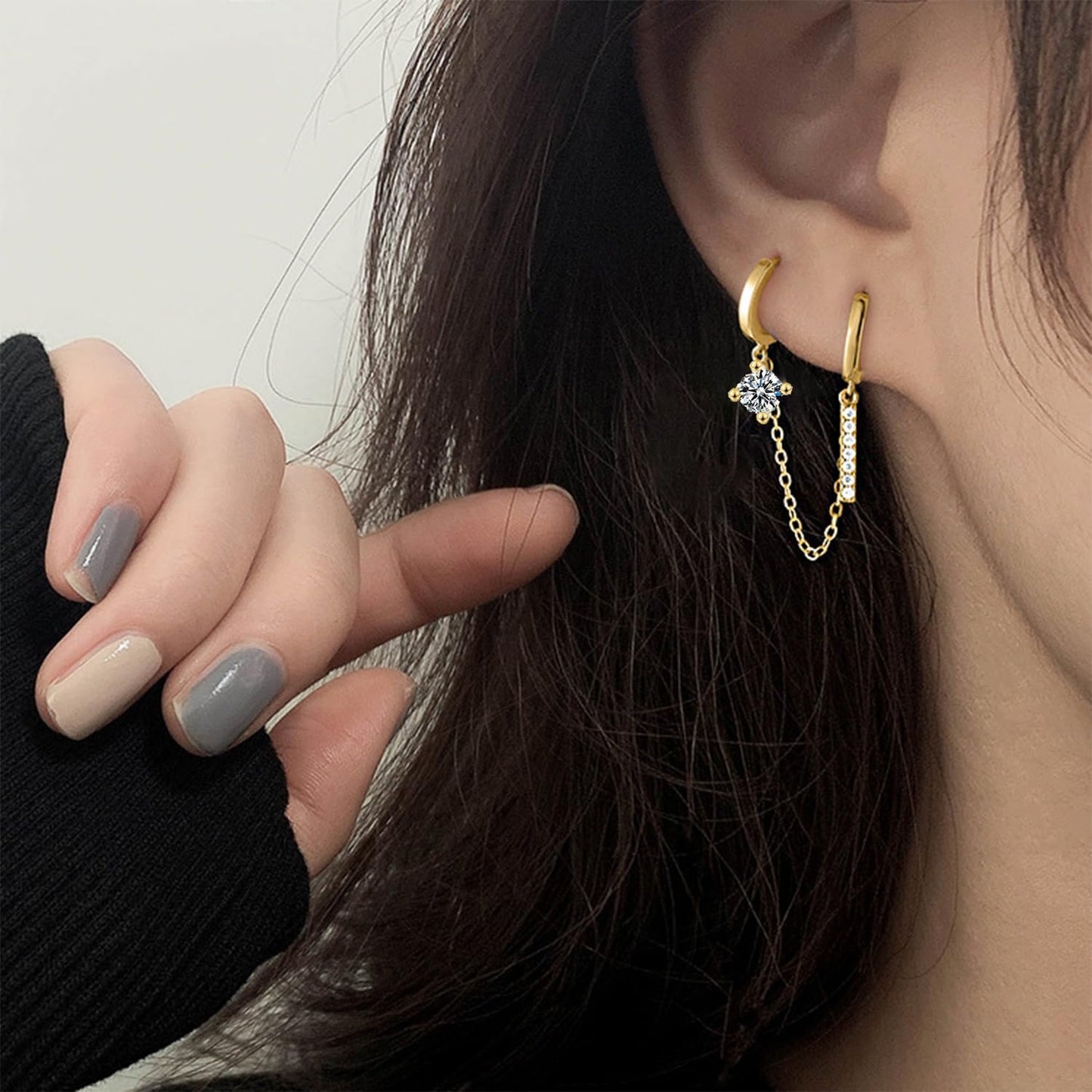 Small Huggie Hoop Earrings for Women Double Piercing Earrings Gold Silver Dangle Chain Cubic Zirconia Stud Ear Cuff Earring Summer Jewelry 