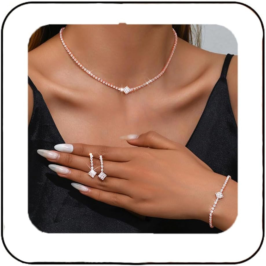 Silver Bridal Wedding Jewelry Set Sparkly Rhinestone Necklace Earrings Bracelet Sets Formal Costume Jewelry for Women and Brides